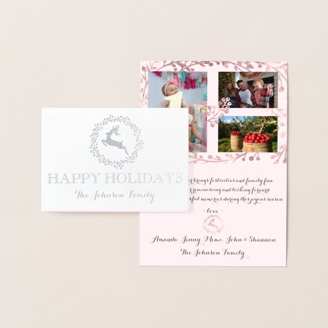 Happy Holidays Photo Reindeer Pink Rose Wreath Foil Card (Display)