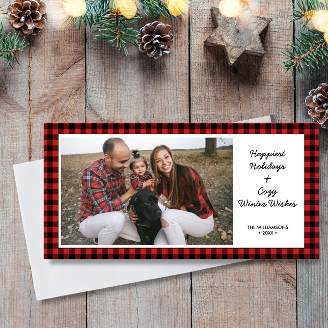 Happy Holidays Photo Rustic Buffalo Check Plaid Holiday Card (Creator Uploaded)