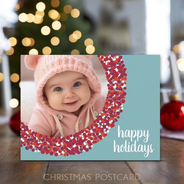 Happy Holidays Photo - Whimsical berry wreath Holiday Postcard (Add one photo to this whimsical postcard with a berry border)