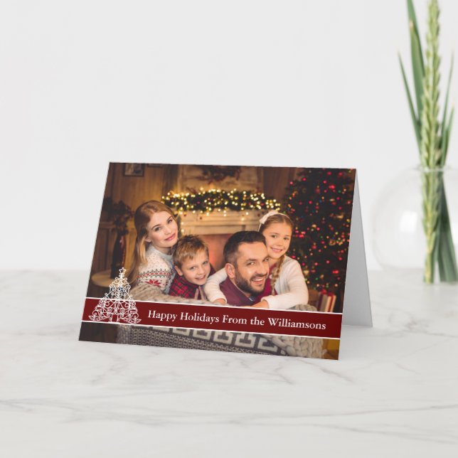 Happy Holidays Photo White Outline Christmas Tree Holiday Card (Front)