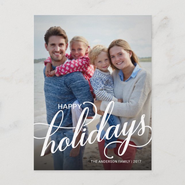 Happy Holidays Photo with Handwritten Overlay Holiday Postcard (Front)