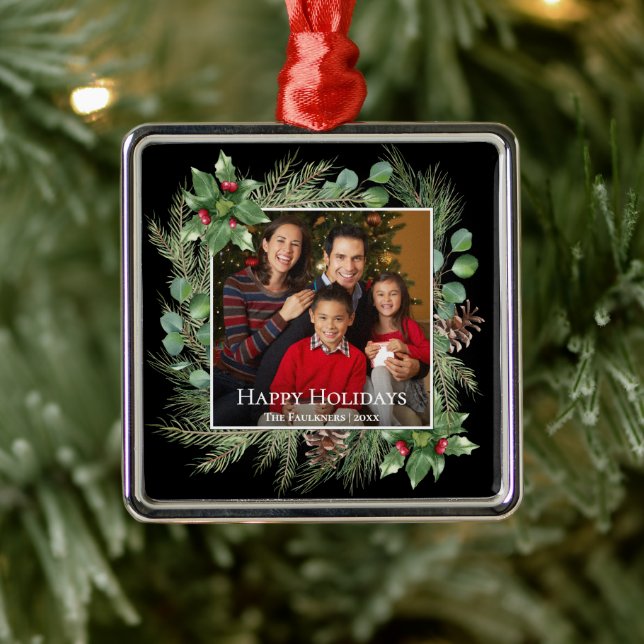 Happy Holidays Photo Wreath Botanical Metal Tree Decoration (Tree)