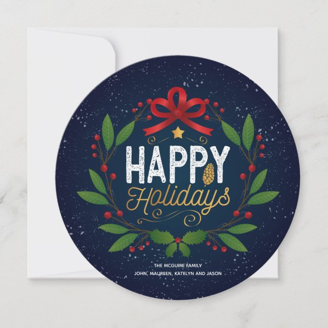 Happy Holidays Photo Wreath Card Round (Front)