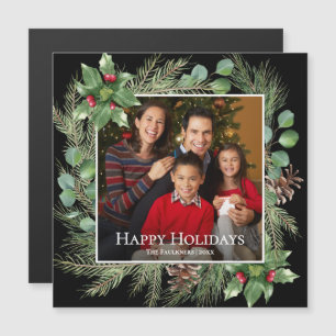 Happy Holidays Photo Wreath Greenery Magnetic Card