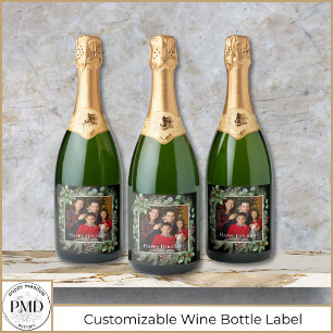 Happy Holidays Photo Wreath Greenery  Sparkling Wine Label