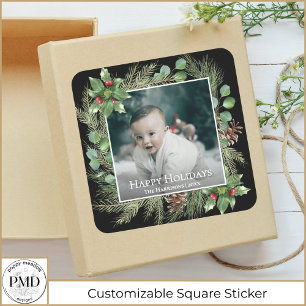 Happy Holidays Photo Wreath Greenery  Square Sticker