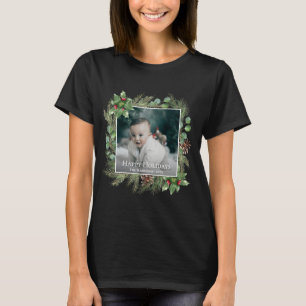 Happy Holidays Photo Wreath Greenery  T-Shirt