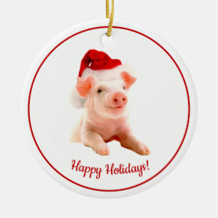 Happy Holidays Pig With Santa Hat Ceramic Tree Decoration