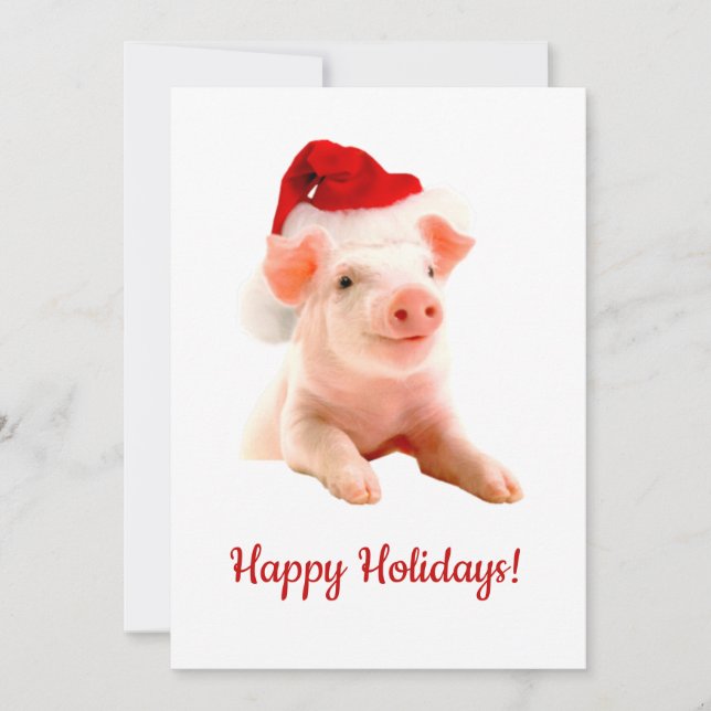 Happy Holidays Pig With Santa Hat Holiday Card (Front)