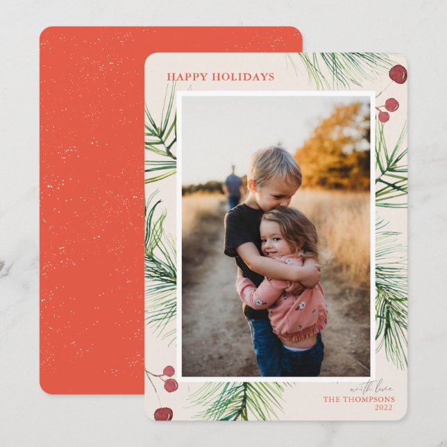 Happy Holidays Pine Berries Coral Photo  Holiday Card (Front/Back)