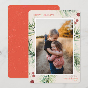 Happy Holidays Pine Berries Coral Photo  Holiday Card