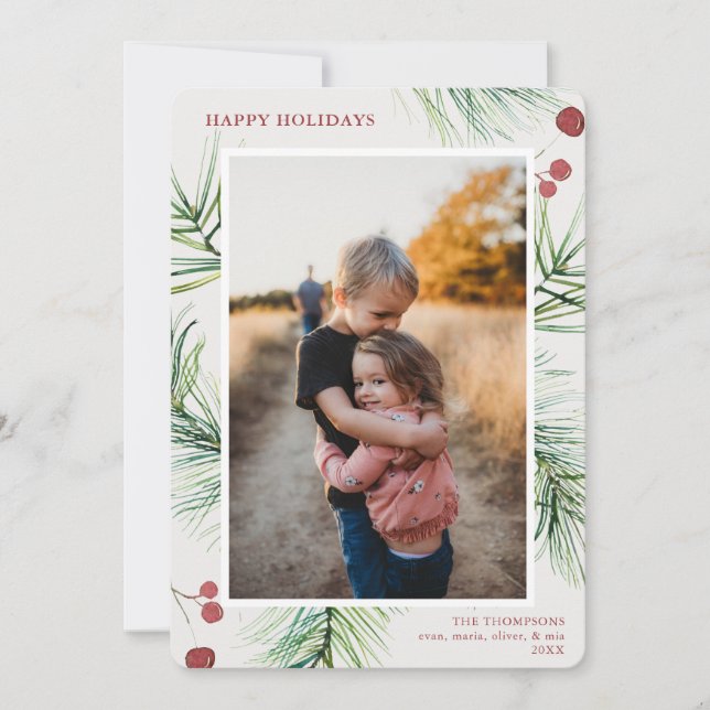 Happy Holidays Pine Berries Photo  Holiday Card (Front)