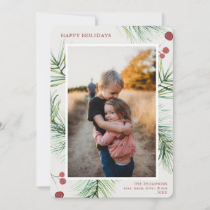 Happy Holidays Pine Berries Photo Holiday Card