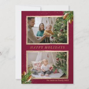 Happy Holidays Pine Branch Gold Accent Photo Holiday Card