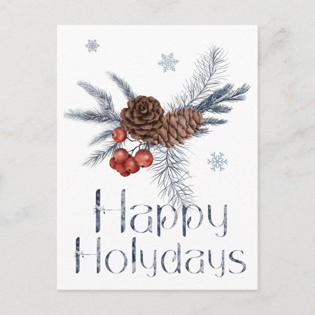 Happy Holidays Pine Cones And Red Berries Postcard (Front)