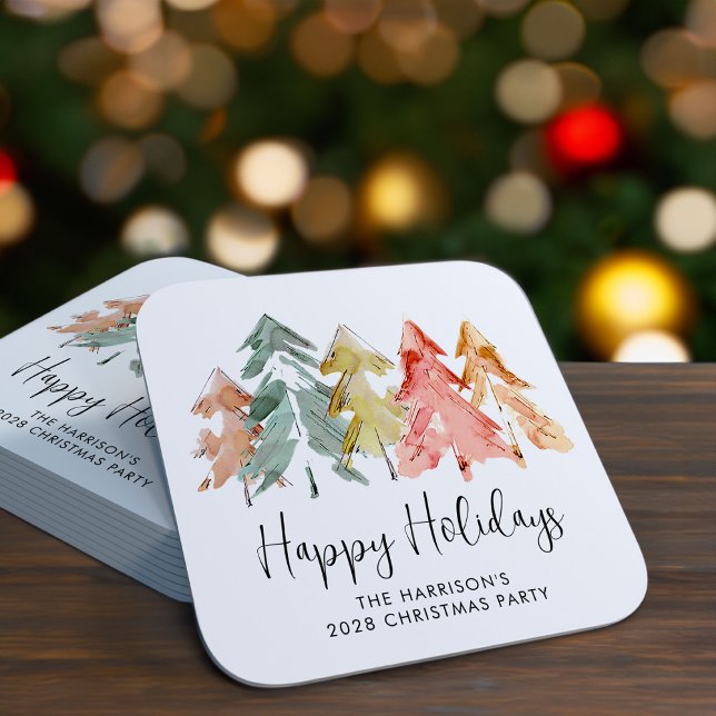 Happy Holidays Pine Tree Christmas Party Square Paper Coaster (Creator Uploaded)