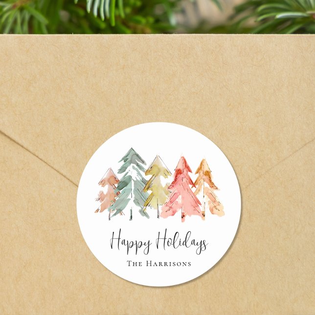 Happy Holidays Pine Tree Watercolor Christmas Classic Round Sticker (Creator Uploaded)