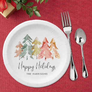 Happy Holidays Pine Tree Watercolor Christmas Paper Plate