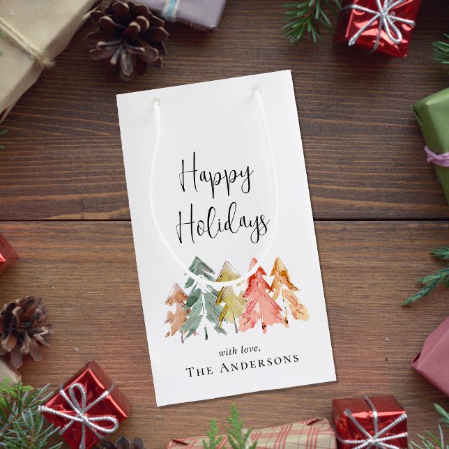 Happy Holidays Pine Tree Watercolor Christmas Small Gift Bag (Creator Uploaded)