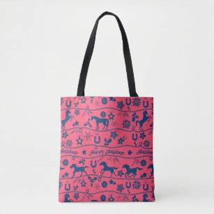 "Happy Holidays" Pink & Blue Horse Pattern Tote Bag