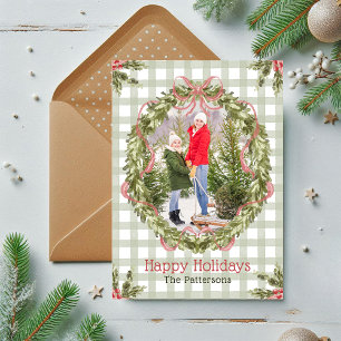 Happy Holidays Pink Bow Family Photo Wreath Holiday Card