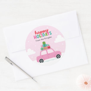 Happy Holidays Pink Car with Gifts in Pastel Pink Classic Round Sticker