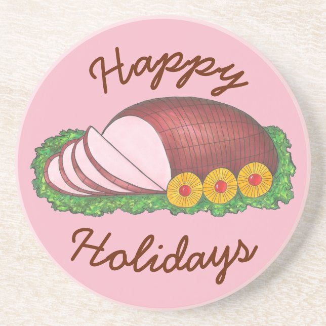 Happy Holidays Pink Christmas Easter Glazed Ham Coaster (Front)