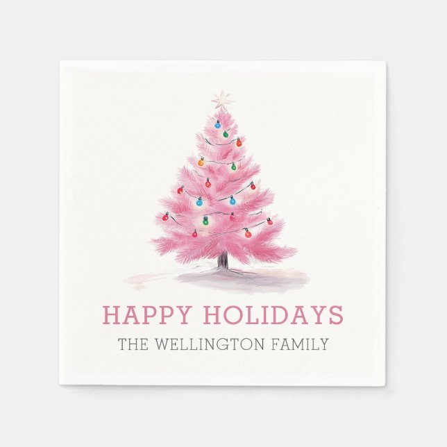 Happy Holidays Pink Christmas Tree Modern Napkin (Front)