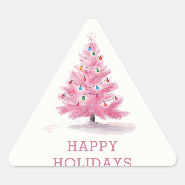 Happy Holidays Pink Christmas Tree Modern Triangle Sticker (Front)