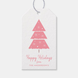 Happy Holidays Pink Christmas Tree Snowflakes Gift Tags