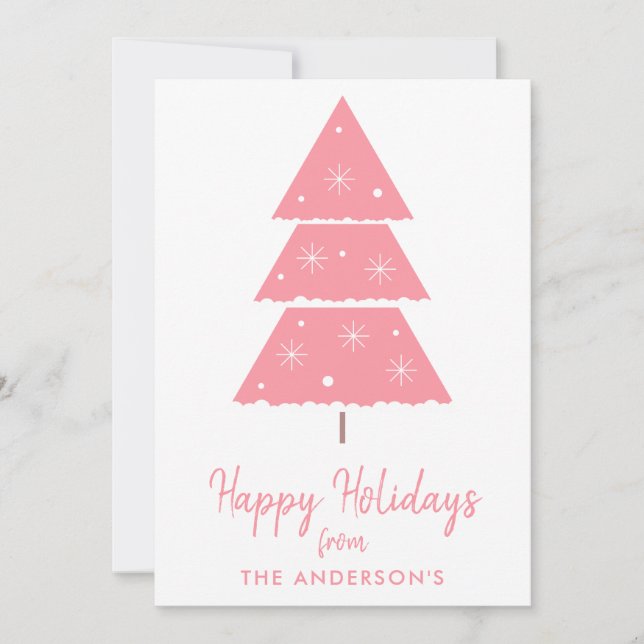 Happy Holidays Pink Christmas Tree Snowflakes Holiday Card (Front)