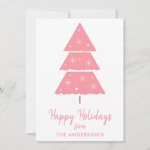 Happy Holidays Pink Christmas Tree Snowflakes Holiday Card