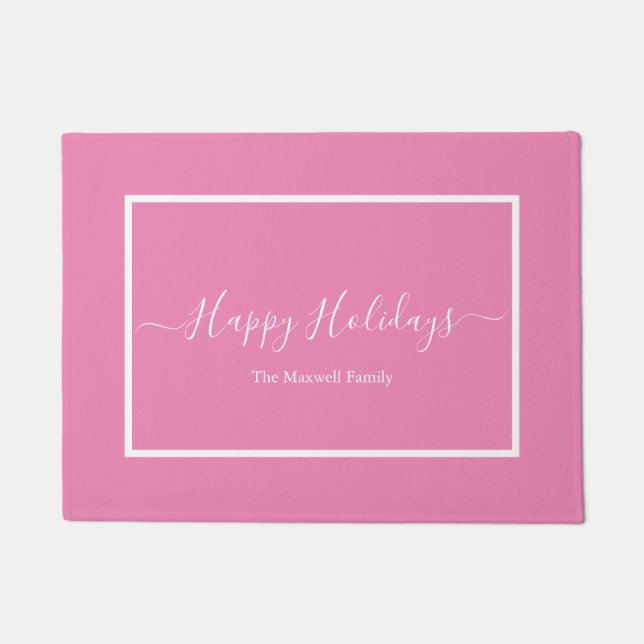 Happy Holidays pink family name  Doormat (Front)