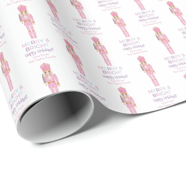 Happy Holidays Pink Lilac Nutcrackers Family Name Wrapping Paper (Roll Corner)