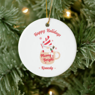 Happy Holidays - Pink Mug Hot Cocoa Merry & Bright Ceramic Tree Decoration