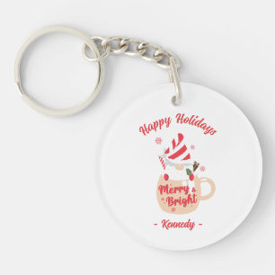 Happy Holidays - Pink Mug Hot Cocoa Merry & Bright Key Ring