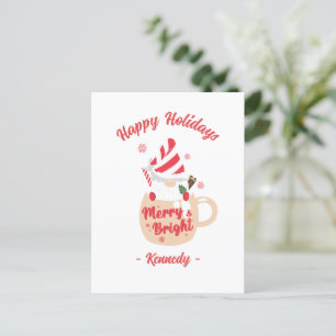 Happy Holidays - Pink Mug Hot Cocoa Merry & Bright Postcard
