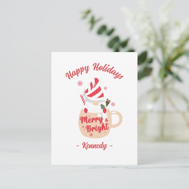 Happy Holidays - Pink Mug Hot Cocoa Merry & Bright Postcard (Standing Front)