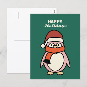 happy holidays pink penguin  holiday postcard
