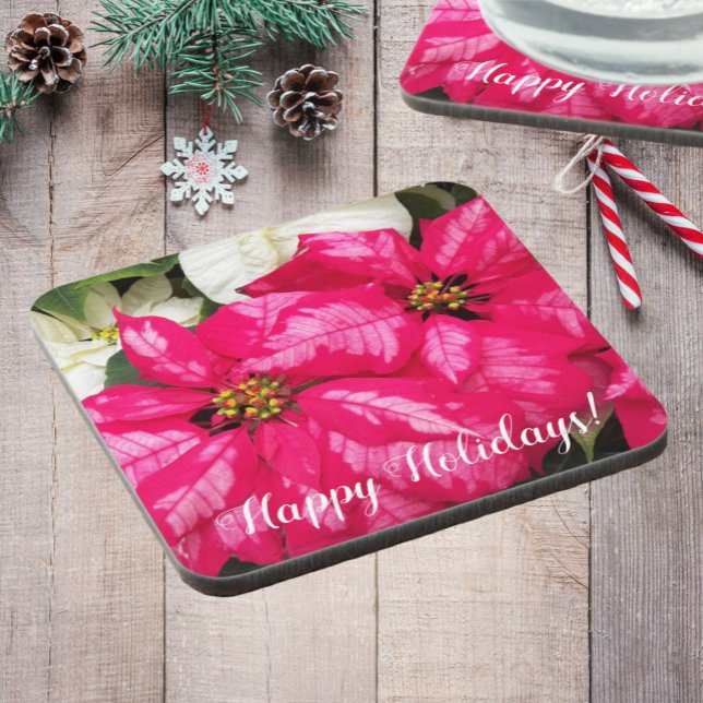 Happy Holidays Pink Poinsettias Floral Coaster (In Situ Holiday)