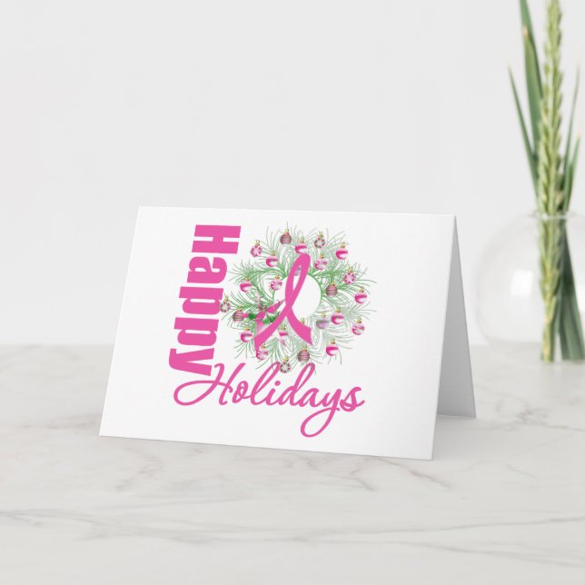 Happy Holidays Pink Ribbon Wreath Holiday Card (Front)