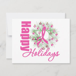 Happy Holidays Pink Ribbon Wreath Holiday Card