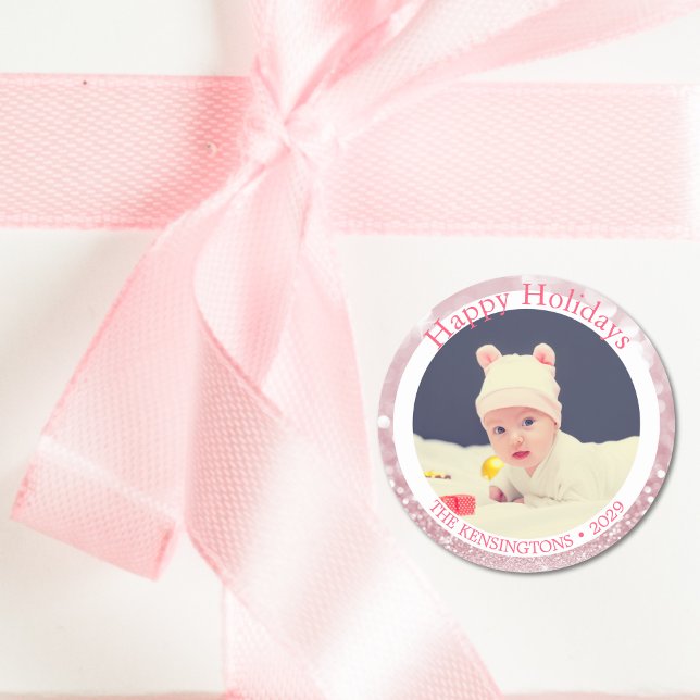 Happy Holidays Pink Sparkle Baby Classic Round Sticker (Baby Girl’s First Christmas Personalized Sticker)