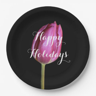 Happy Holidays Pink Tulip Flower Floral Black Paper Plate