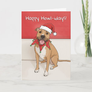 Happy Holidays Pit Bull Dog Drawing in Santa Hat Holiday Card