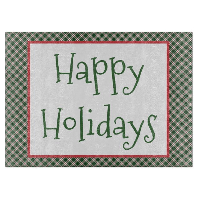 Happy Holidays Plaid Pattern Cutting Board (Front)