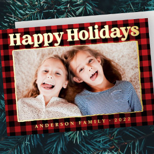 Happy Holidays Plaid Pattern Family Photo Foil Holiday Card