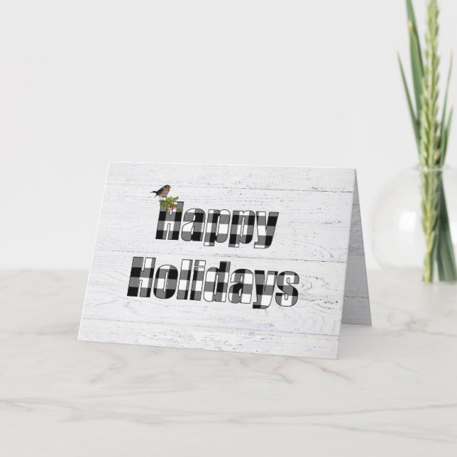 Happy Holidays plaid with bird Card (Front)