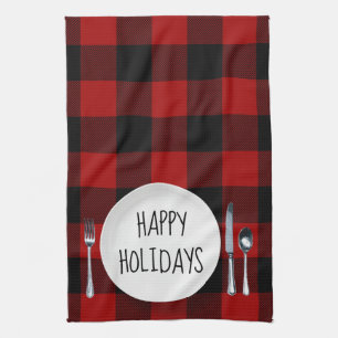 Happy Holidays Plate On Buffalo Plaid Tea Towel