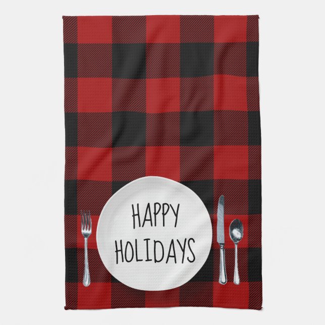 Happy Holidays Plate On Buffalo Plaid Tea Towel (Vertical)